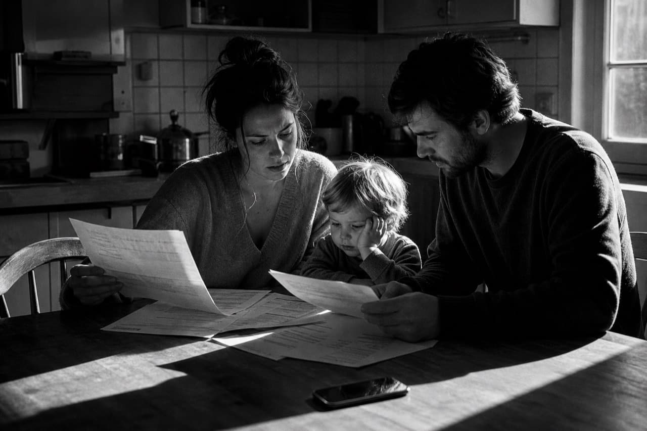 Young family reviewing paperwork at a kitchen table