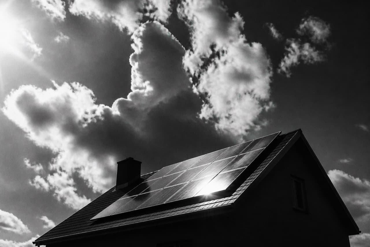 Rooftop solar panels under a dramatic sky