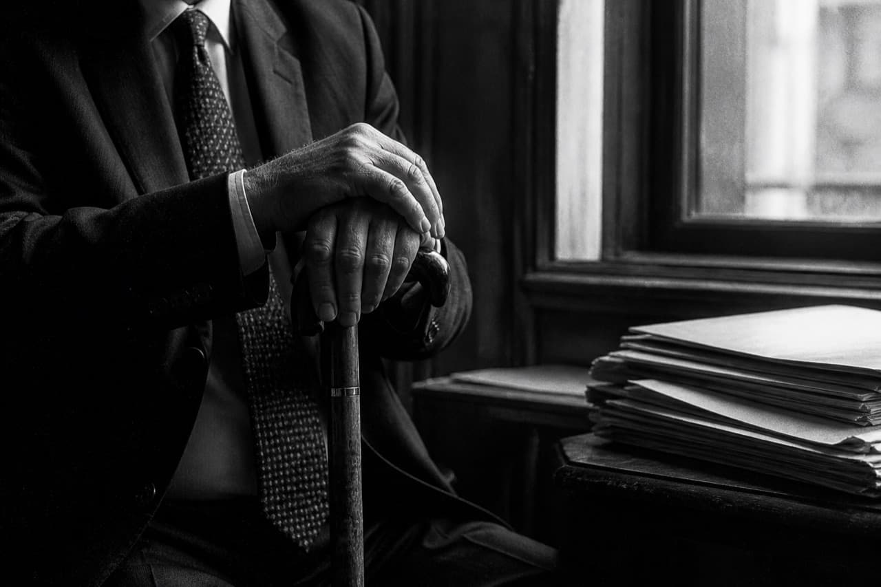 Man resting his hands on a cane beside a stack of documents